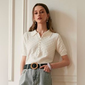 NWT RIHOAS The Short Sleeve Textured Lapel Knit Tee Sz S, M.